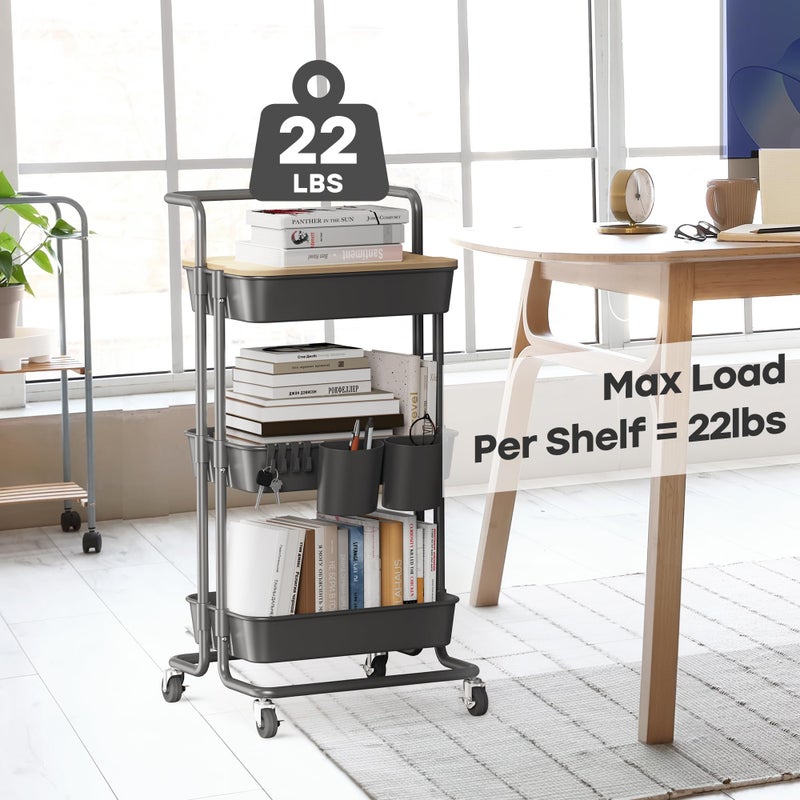 DTK 3 Tier Rolling Cart Uility Cart with Cover Board, Mobile Storage Cart with Wheels, Cups, Hooks for Office Utility Kitchen Bathroom Homeschool Art Craft Postpartum Teacher Cart Organizer(Black) - Image 5
